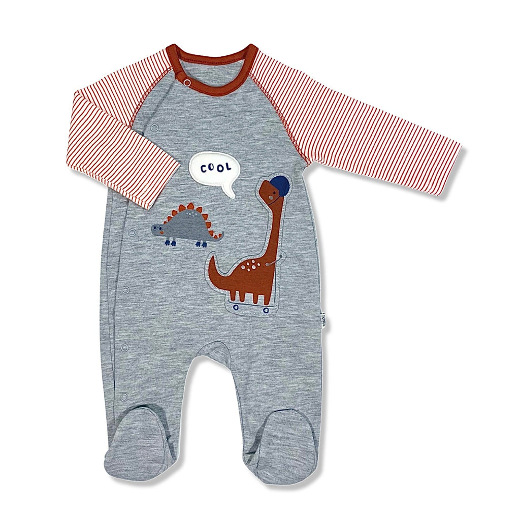 gray cotton baby boy romper with cool dinosaur decor