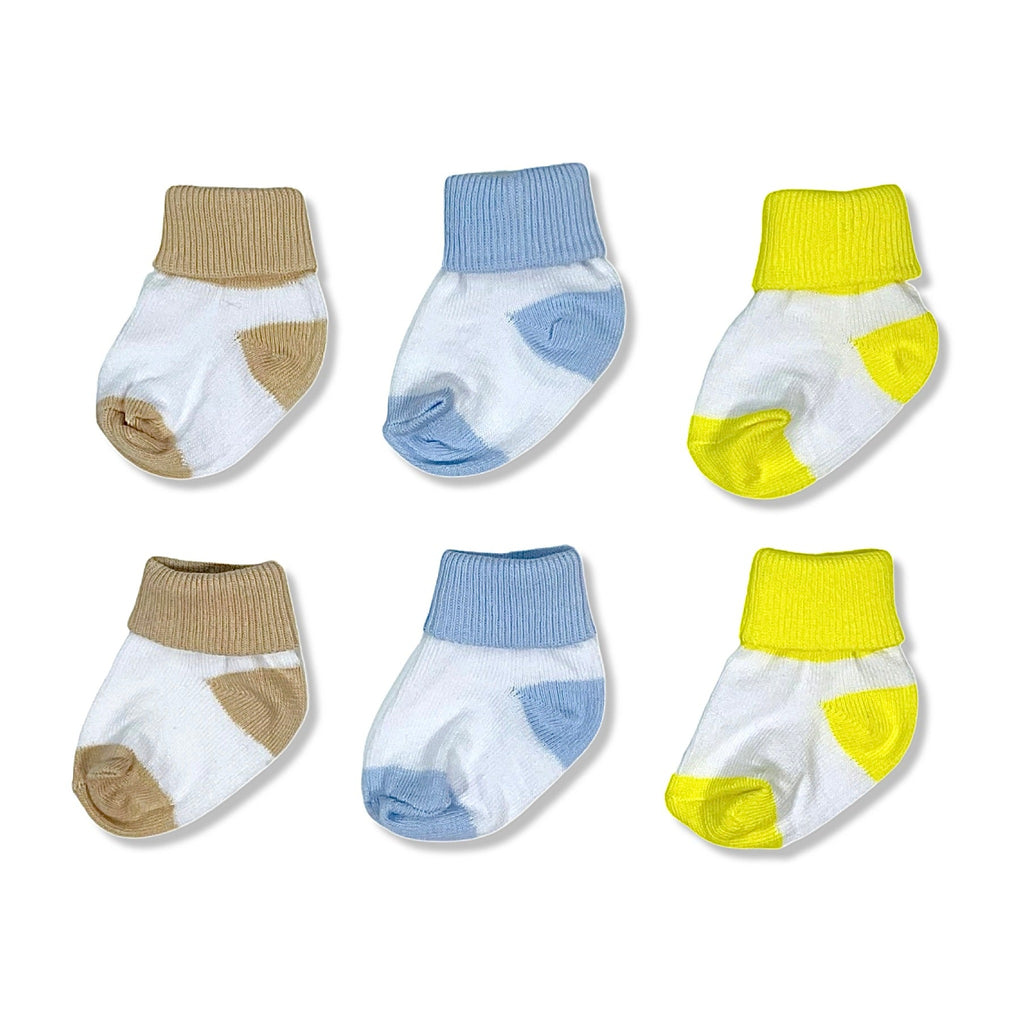 beige, blue, yellow baby socks set