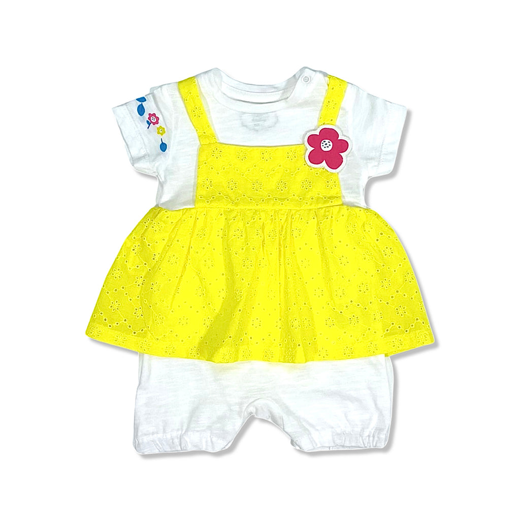 yellow cotton baby girl romper with a flower