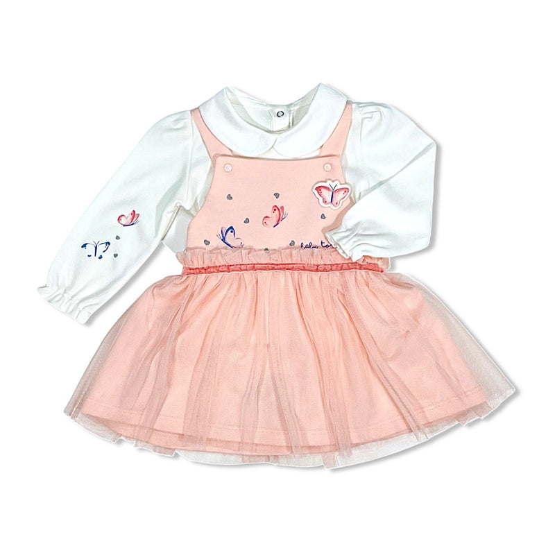 salmon butterflies baby dress with shirt set