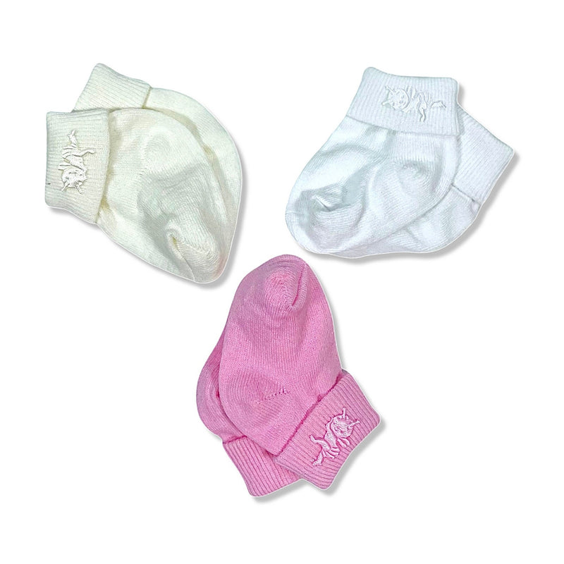 pink, white, cream sleeping bee baby socks