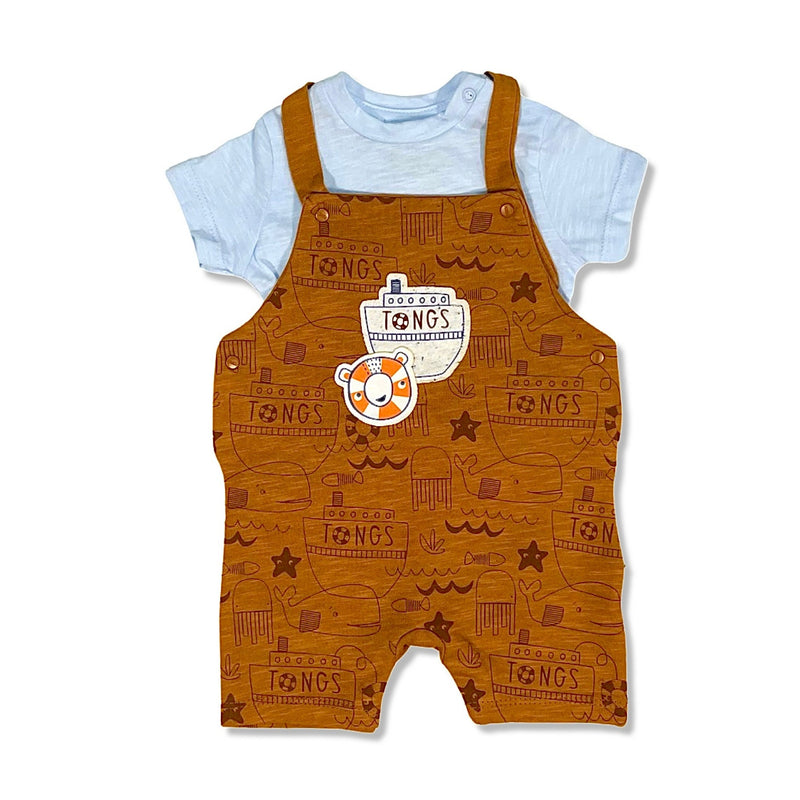 brown jumpsuit and light blue t-shirt for baby boy